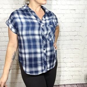 Cloth & Stone Small Blue & White Plaid Button Up Roll Sleeve High Low Top